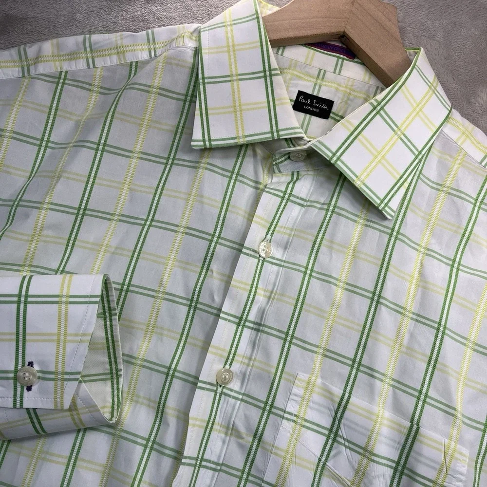 Paul Smith London Shirt Mens 16.5/42 Green Yellow Plaid Button Up Dress Italy LS